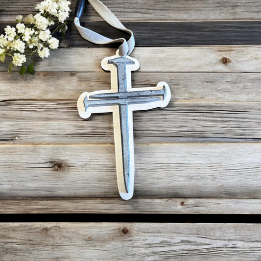 Handcrafted Cross-Shaped 3D Wood Car Charm with Personalized Engraving