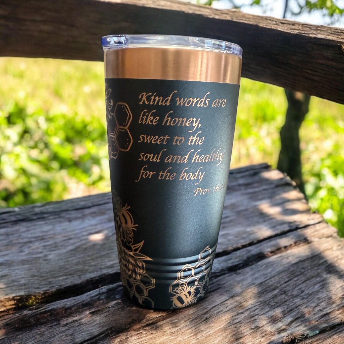 Honey Bee Engraved Tumbler β Elegant & Inspiring πβ¨ Proverbs 16:24 Engraved