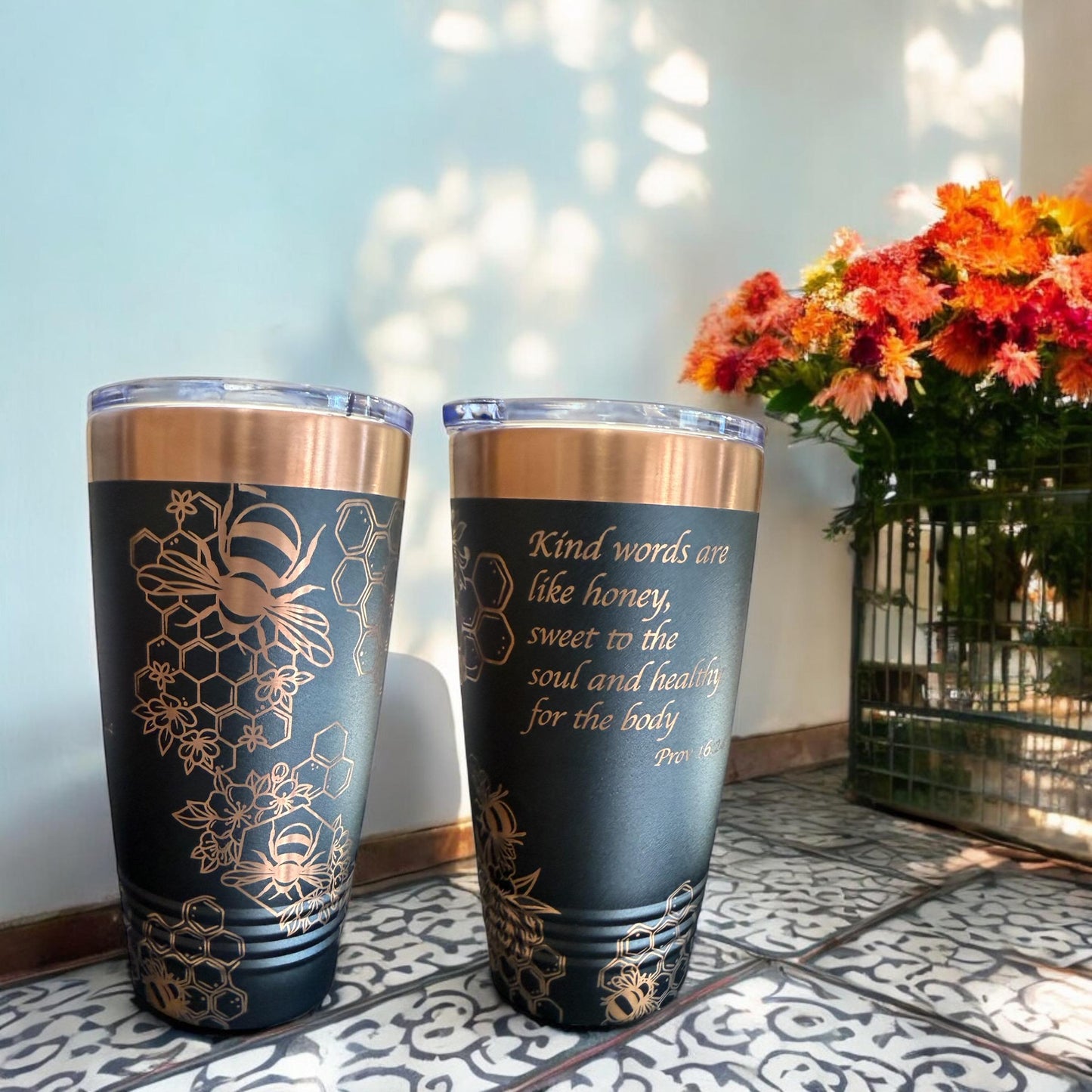 Honey Bee Engraved Tumbler β Elegant & Inspiring πβ¨ Proverbs 16:24 Engraved