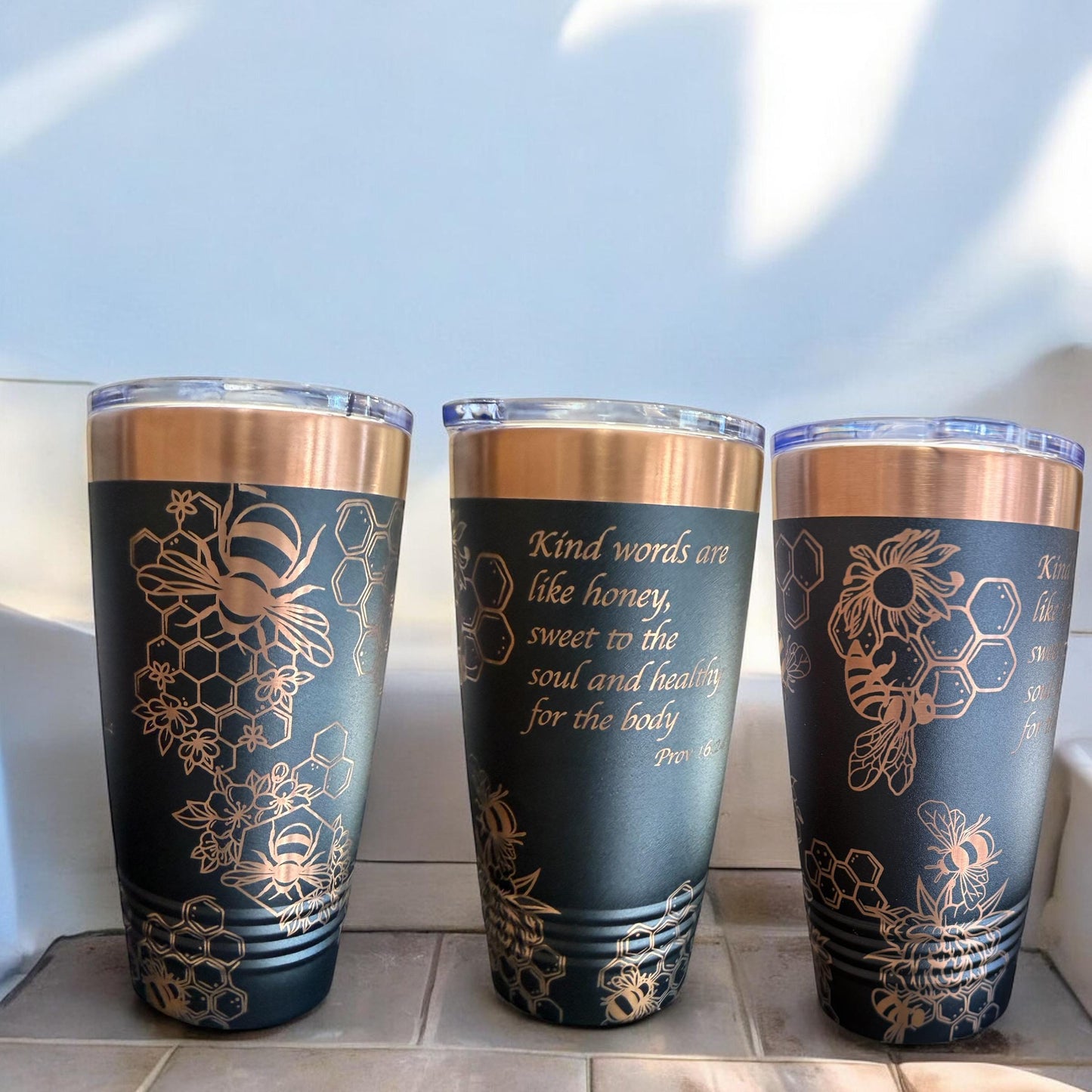 Honey Bee Engraved Tumbler β Elegant & Inspiring πβ¨ Proverbs 16:24 Engraved