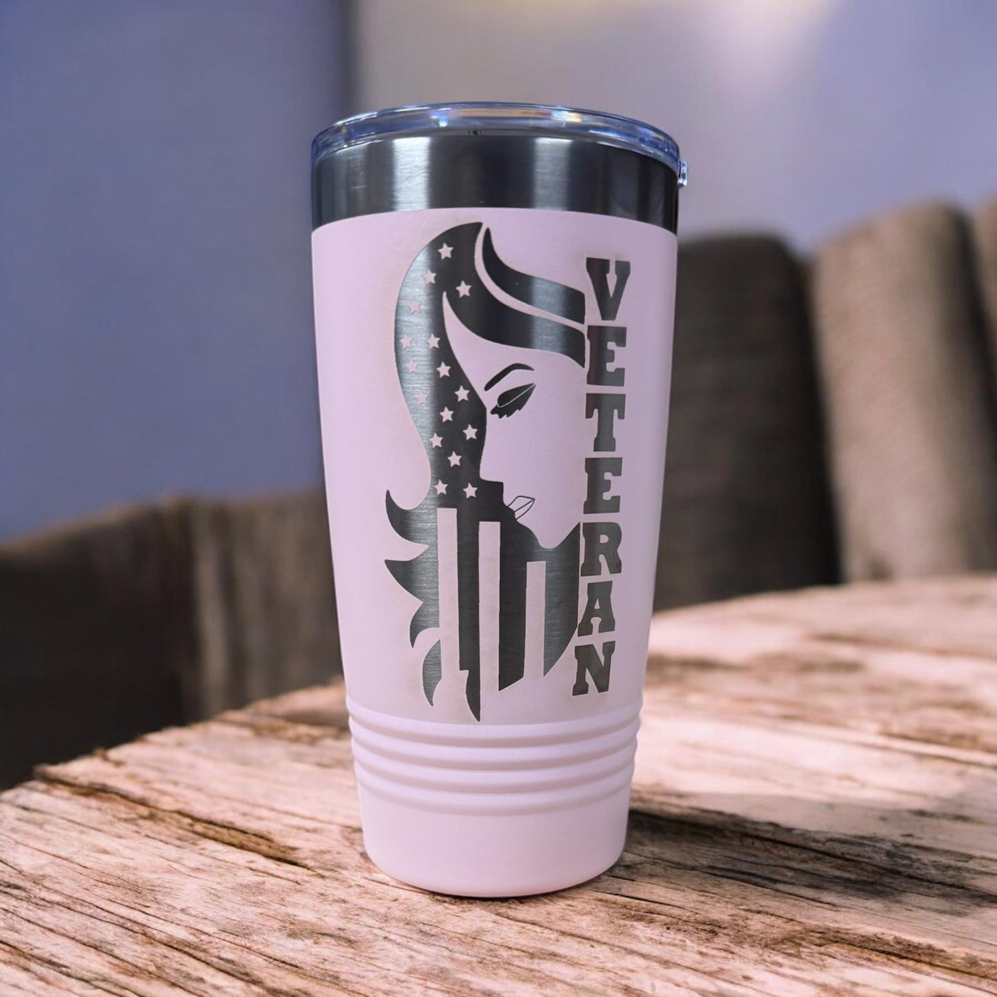 Female Veteran Engraved Tumbler – Patriotic Drinkware with Silhouette Design