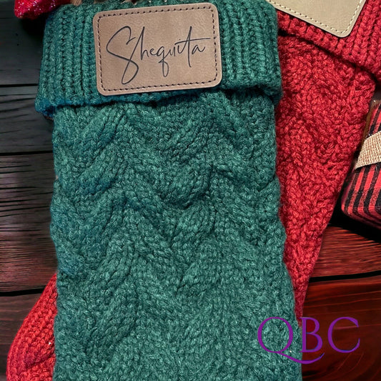 Personalized Knitted Cable Christmas Stocking with Engraved Leather Patch