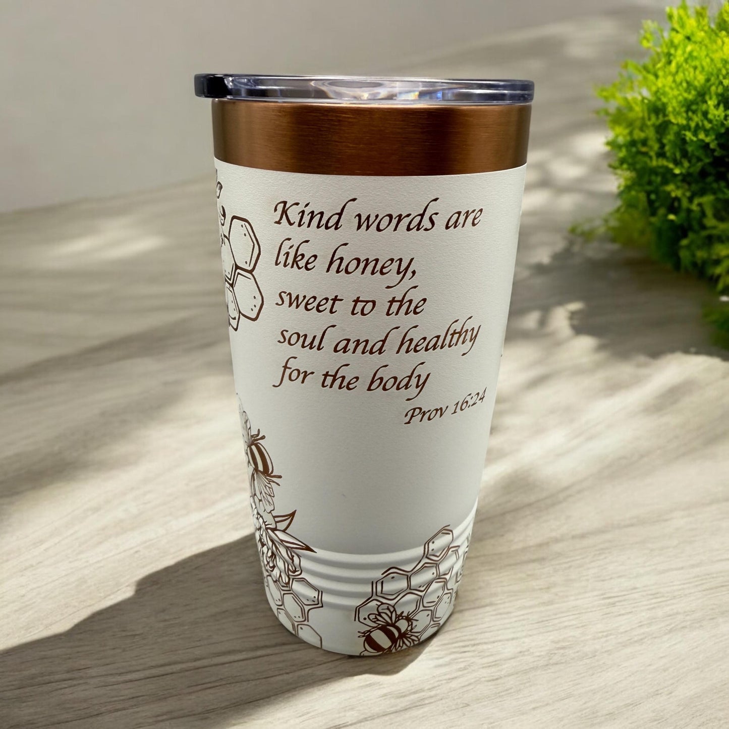 Honey Bee Engraved Tumbler β Elegant & Inspiring πβ¨ Proverbs 16:24 Engraved