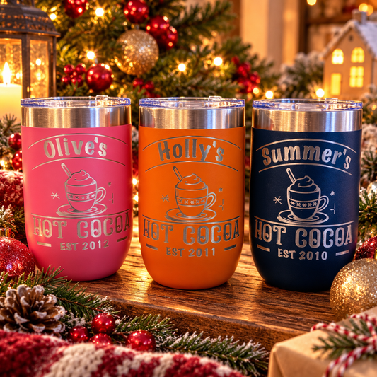 Taza navideña con grabado personalizado de cacao, taza de acero inoxidable de 12 oz o 16 oz, personalizada para niños, taza de camping, regalo de relleno de media para niños