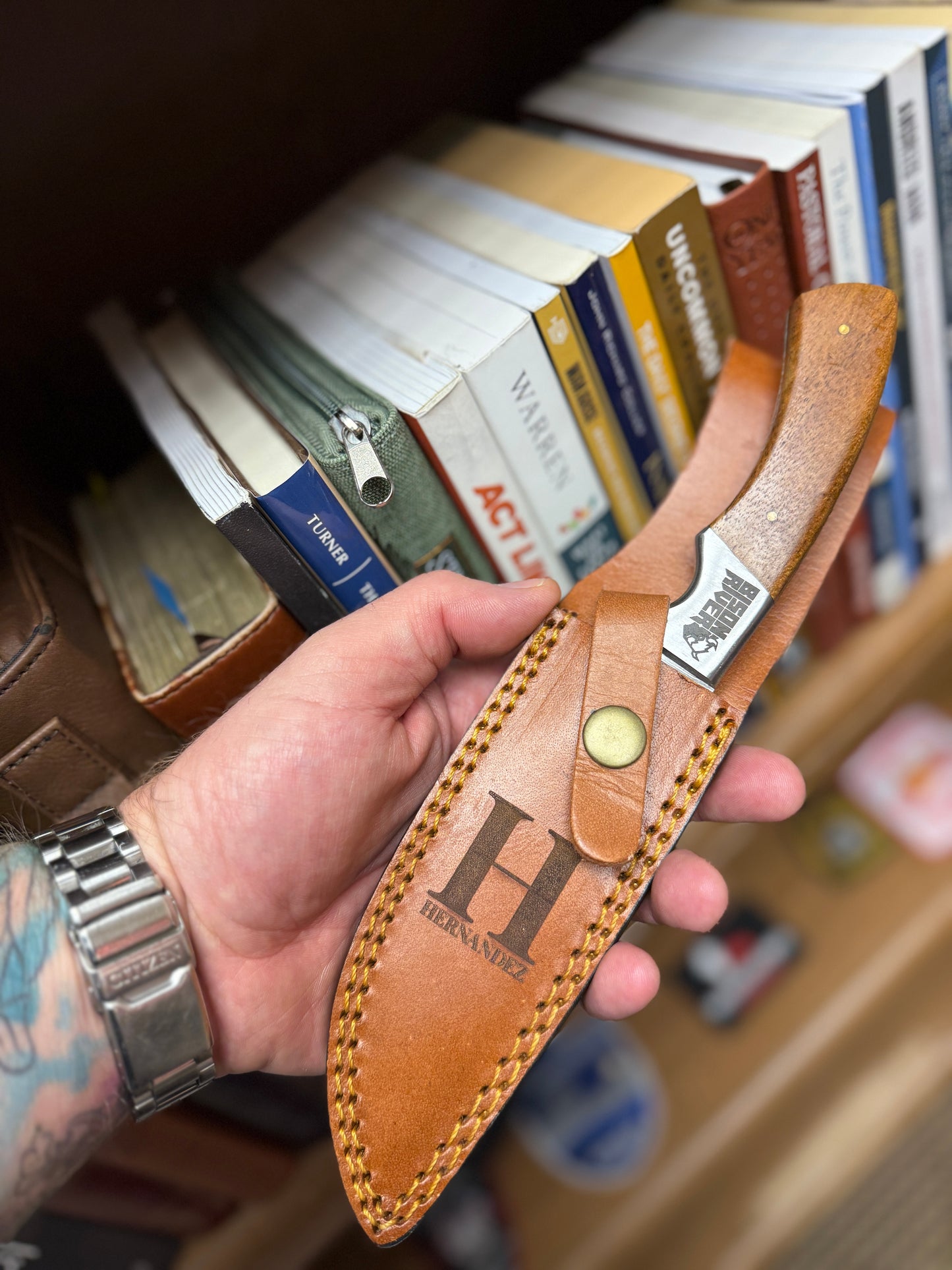 Personalized Bison River Fixed Blade Knife – 9.5" Damascus Steel Blade with Wood Handle and Leather Sheath
