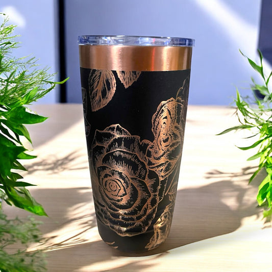 Engraved Rose Stainless Steel Tumbler – Elegant Floral Drinkware