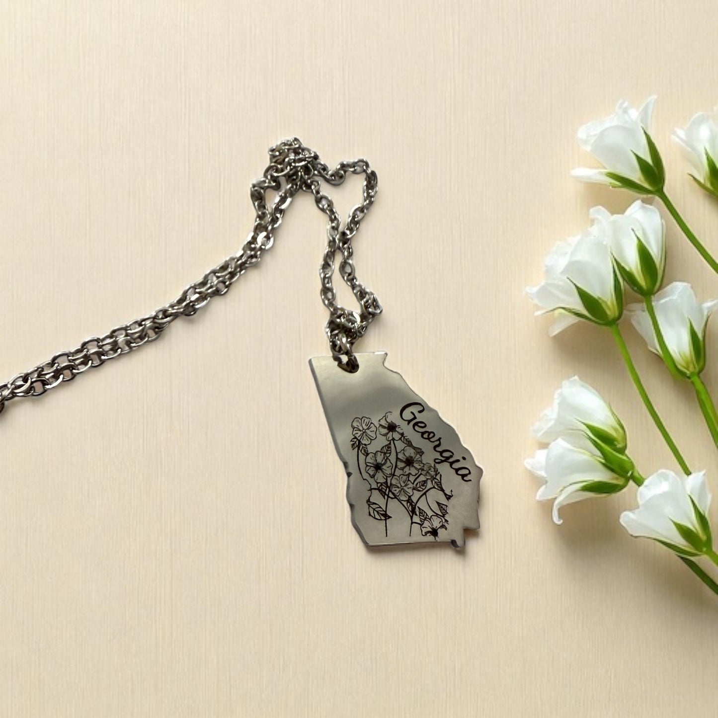 Georgia State Necklace – Cherokee Rose Engraving