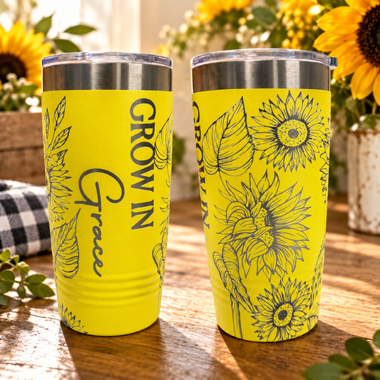 Sunflower tumbler design detail, Grow in Grace