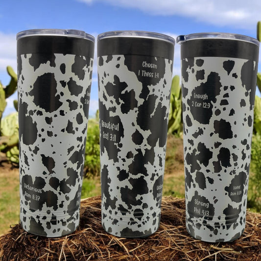 Cow Print Engraved Tumbler – Sip in Style & Faith!