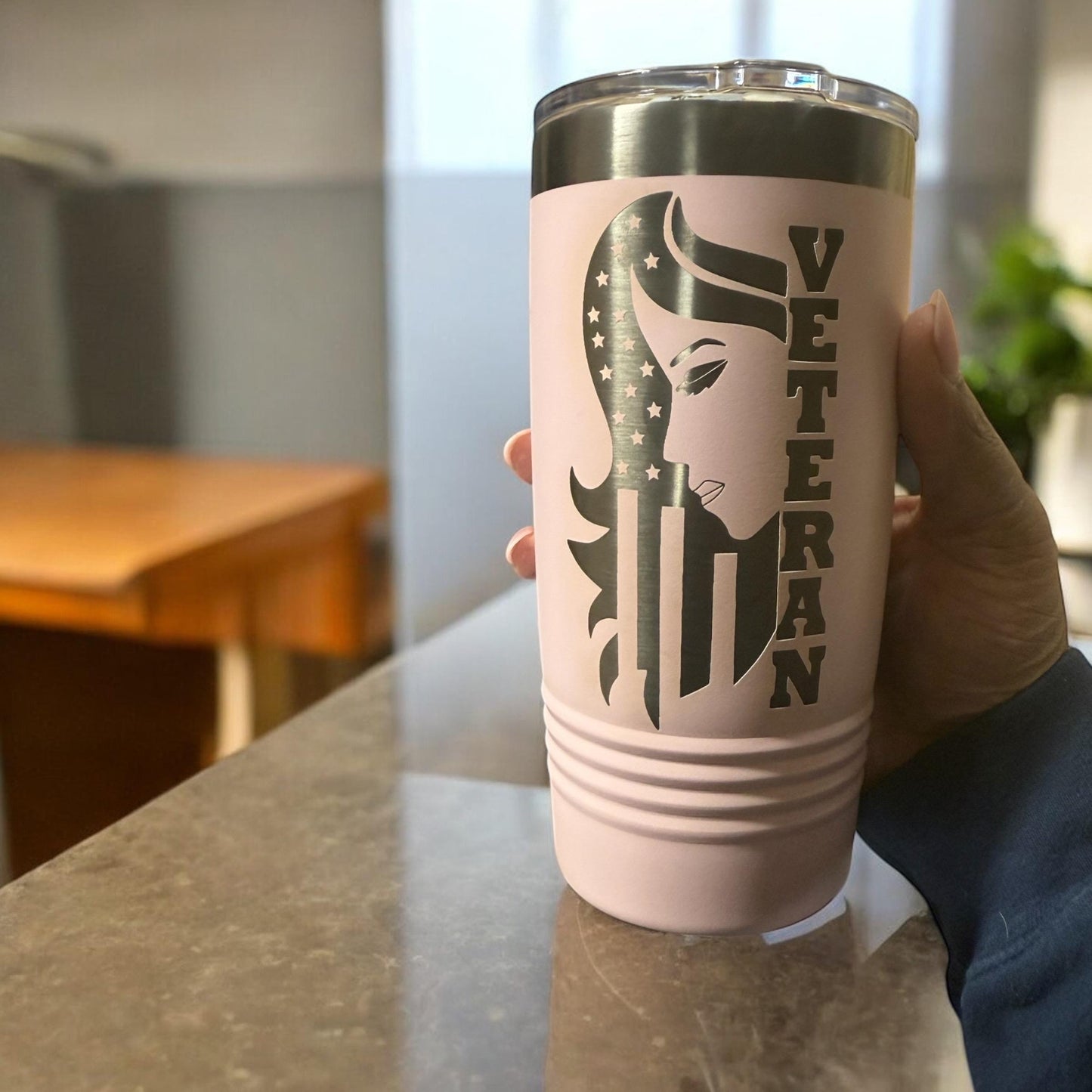 Female Veteran Engraved Tumbler – Patriotic Drinkware with Silhouette Design