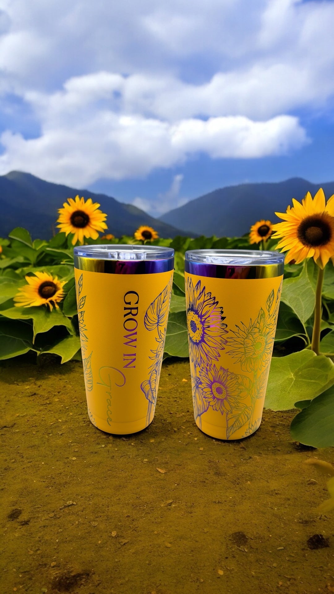 Two yellow tumblers with purple lids on a dirt path surrounded by sunflowers and mountains.