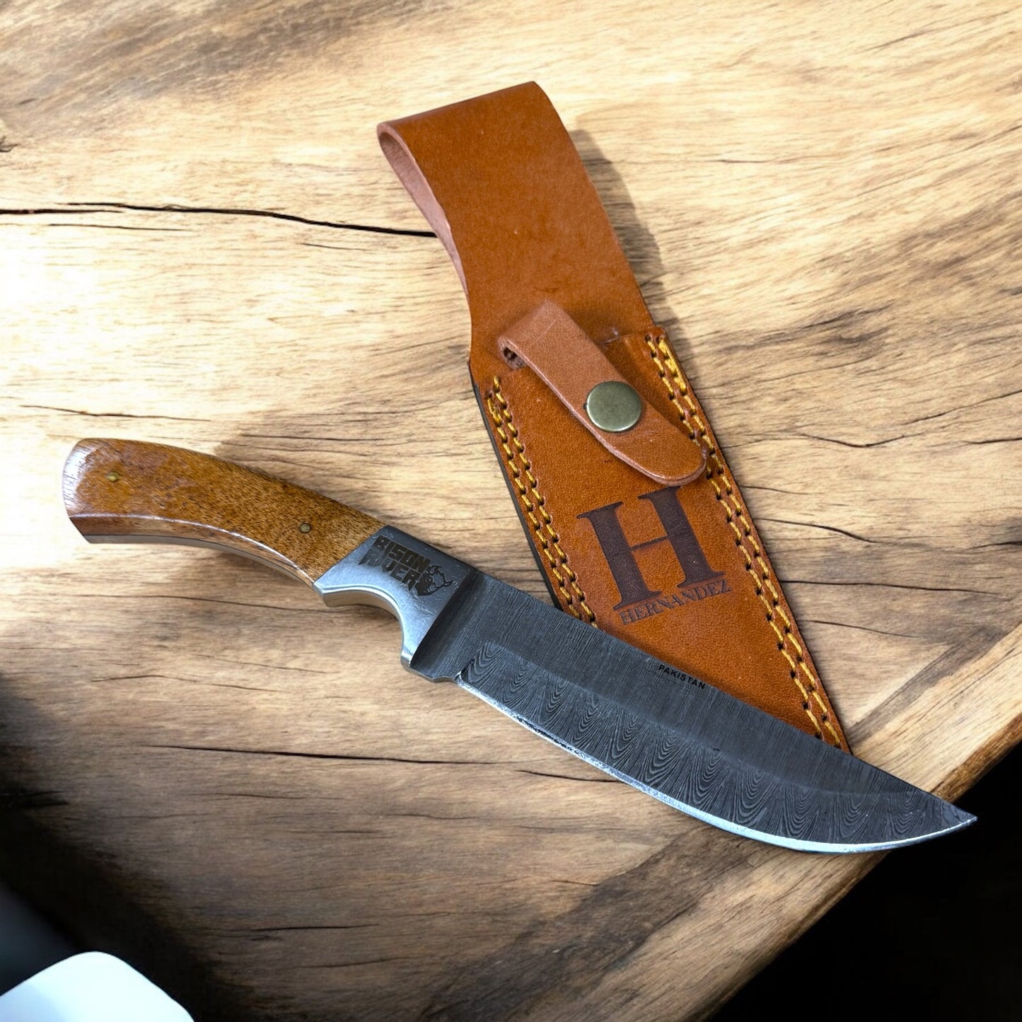 Personalized Bison River Fixed Blade Knife – 9.5" Damascus Steel Blade with Wood Handle and Leather Sheath