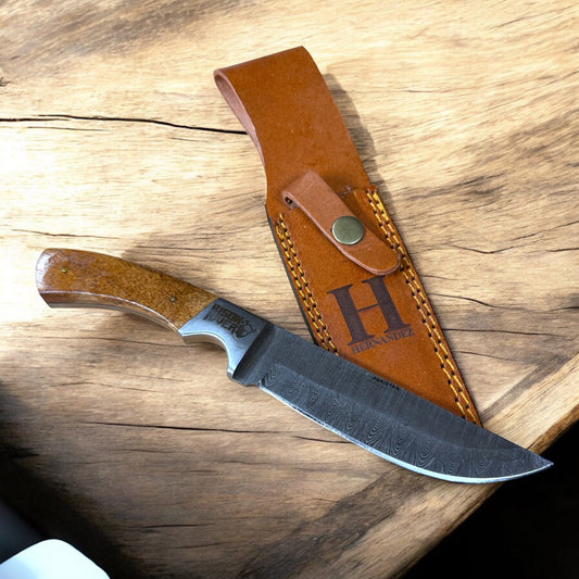 Personalized Bison River Fixed Blade Knife – 9.5" Damascus Steel Blade with Wood Handle and Leather Sheath