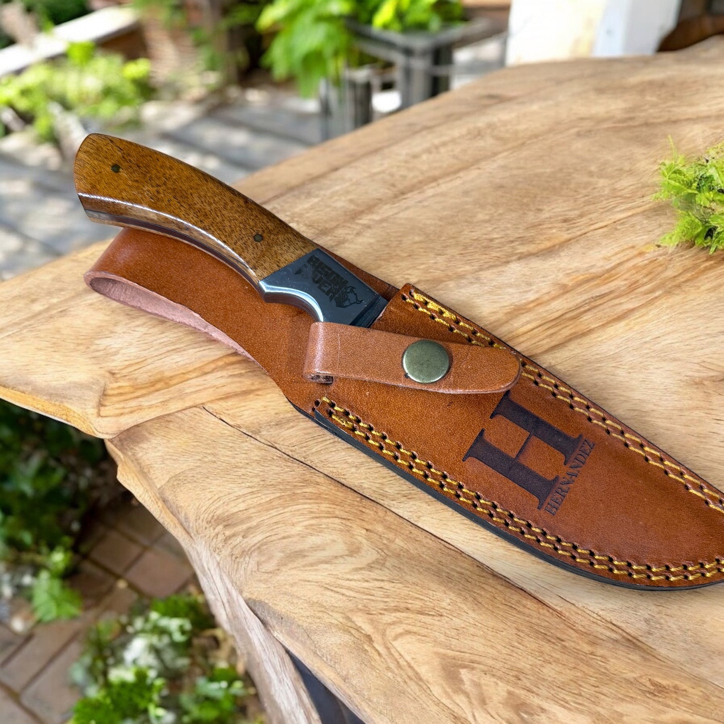Personalized Bison River Fixed Blade Knife – 9.5" Damascus Steel Blade with Wood Handle and Leather Sheath