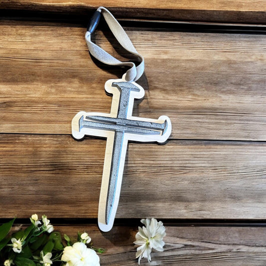 Handcrafted Cross-Shaped 3D Wood Car Charm with Personalized Engraving