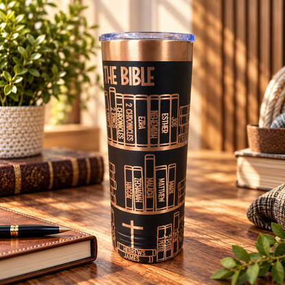 Books of the Bible Engraved Tumbler – Bookshelf Design, 20 oz