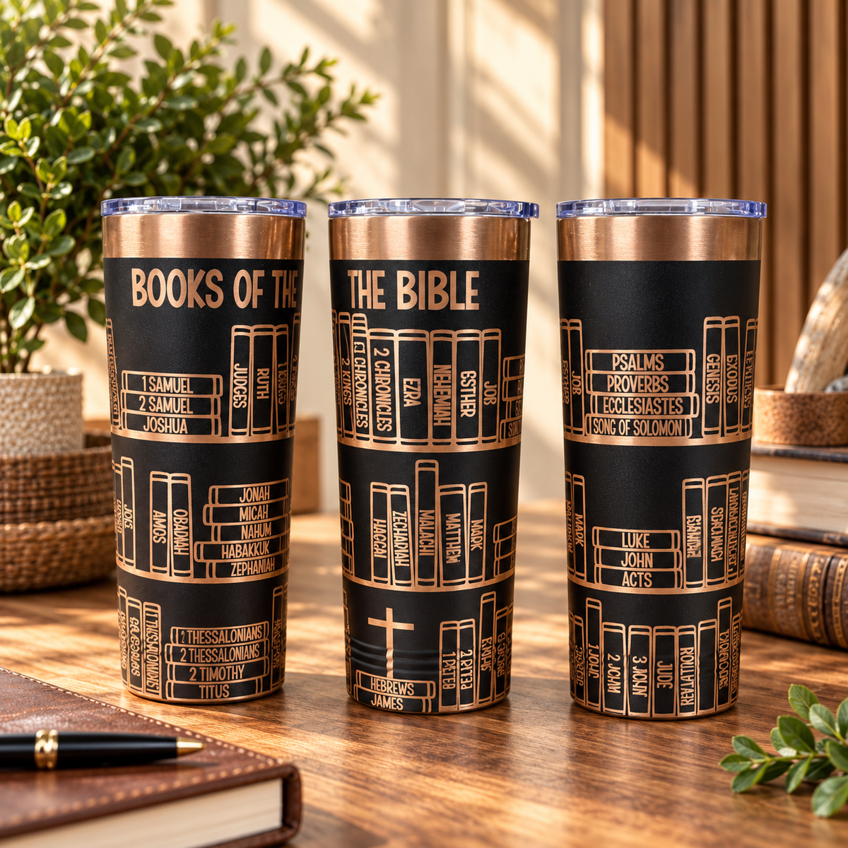 Books of the Bible engraved tumbler, bookshelf design
