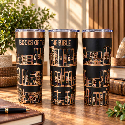 Books of the Bible engraved tumbler, bookshelf design
