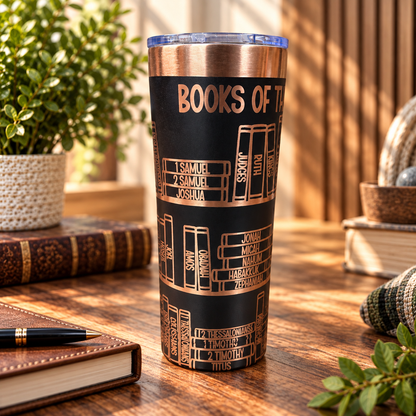 Close-up of copper engraving on black Bible tumbler
