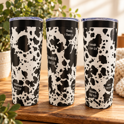 Cow print engraved tumbler with scripture, trio
