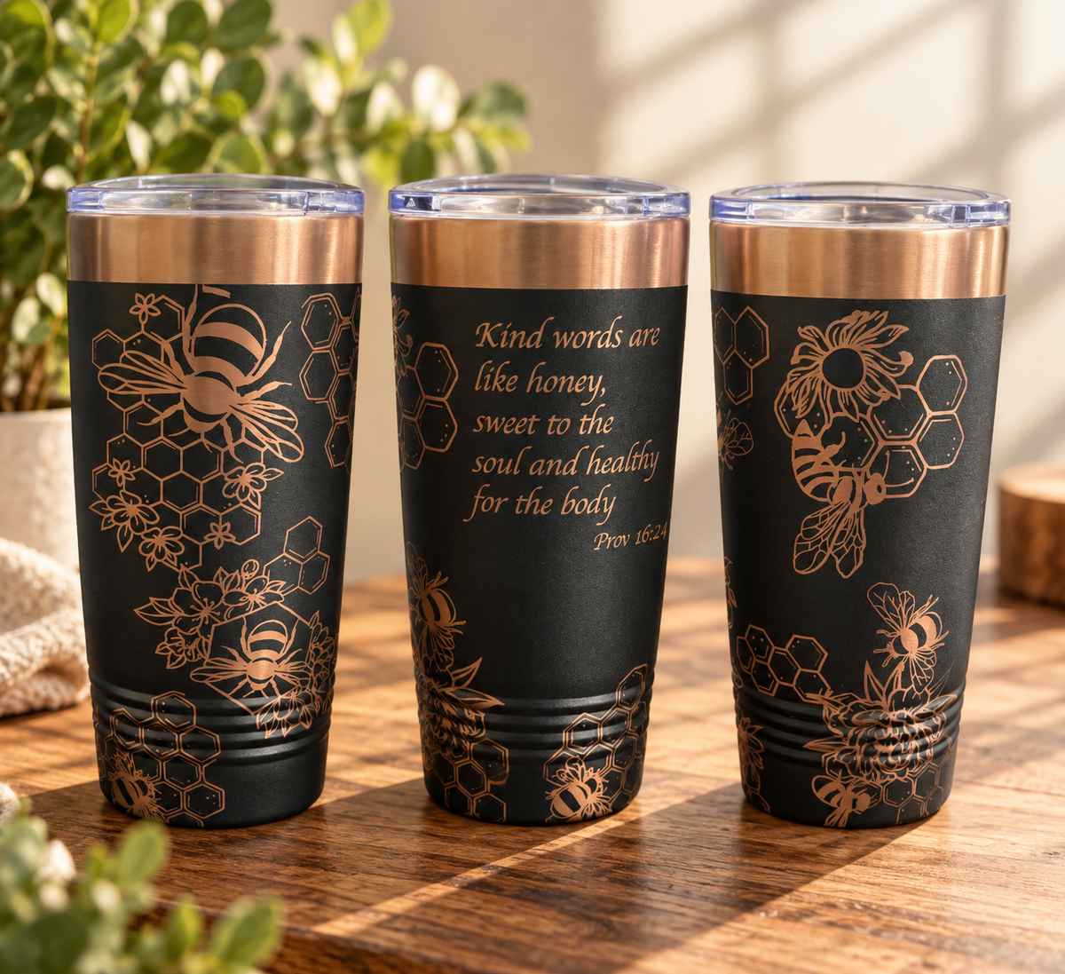 Honeycomb & Bees Engraved Tumbler – Proverbs 16:24, 20 oz