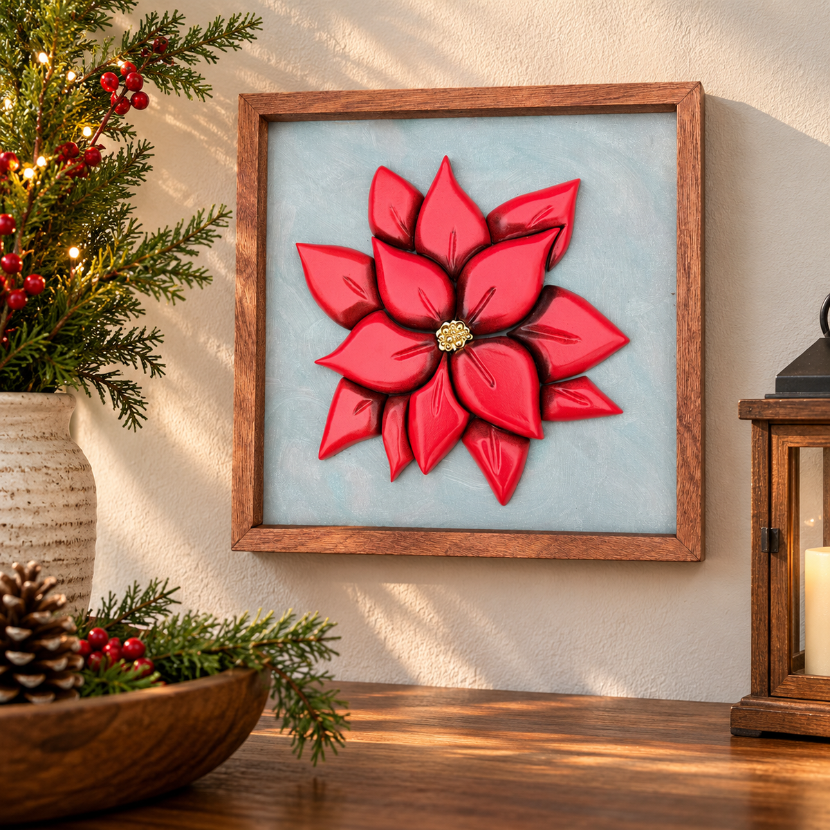 Layered wood poinsettia wall art in sapele frame
