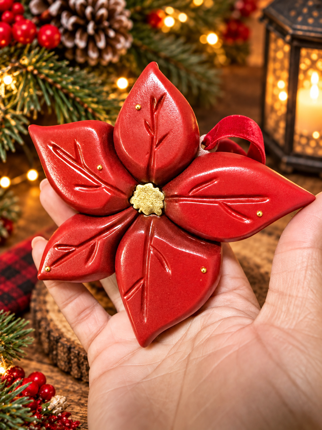 Hand-held red poinsettia ornament with ribbon
