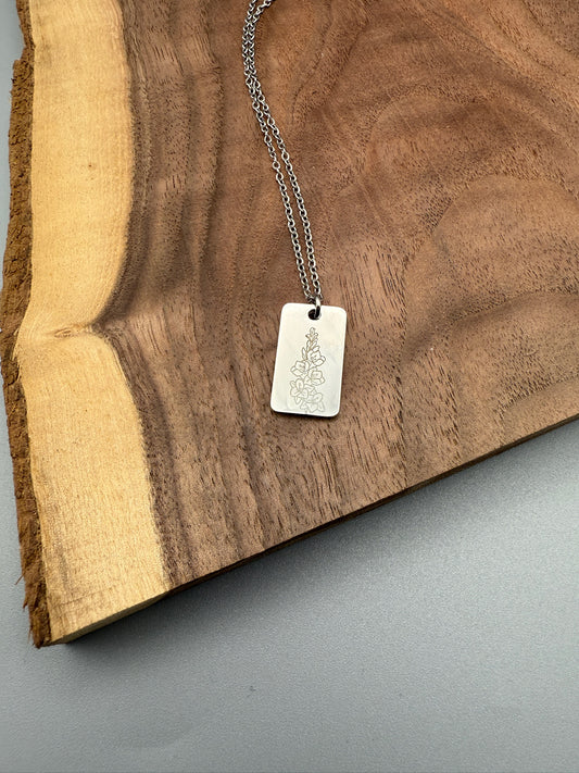 August Birth Flower Pendant – Gladiolus Engraved Necklace