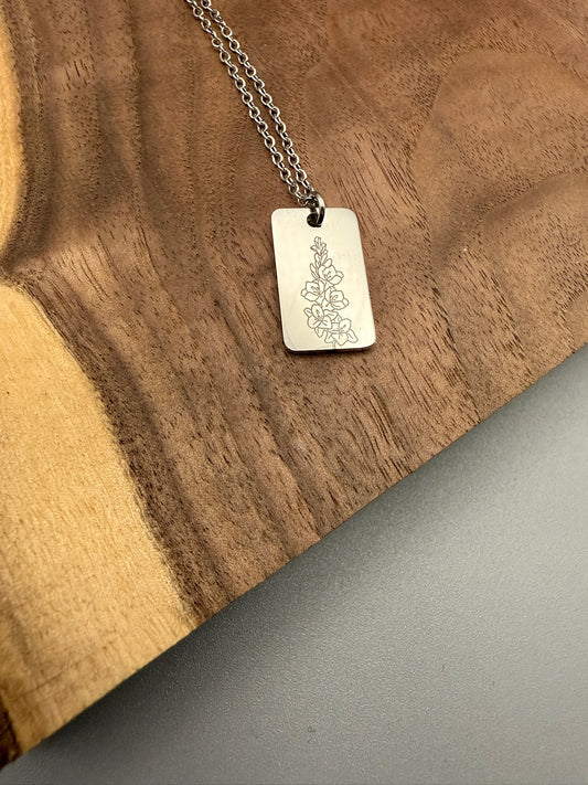 August Birth Flower Pendant – Gladiolus Engraved Necklace