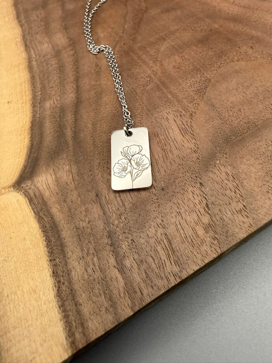 August Birth Flower Pendant – Poppy Engraved Necklace