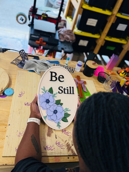 Be Still 3D Wood Floral Sign – Oval Inspirational Wall Art
