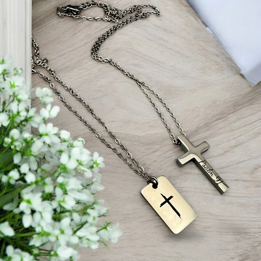 Engraved Cross & Scripture Pendants- Personalized Stainless Steel Faith Necklaces