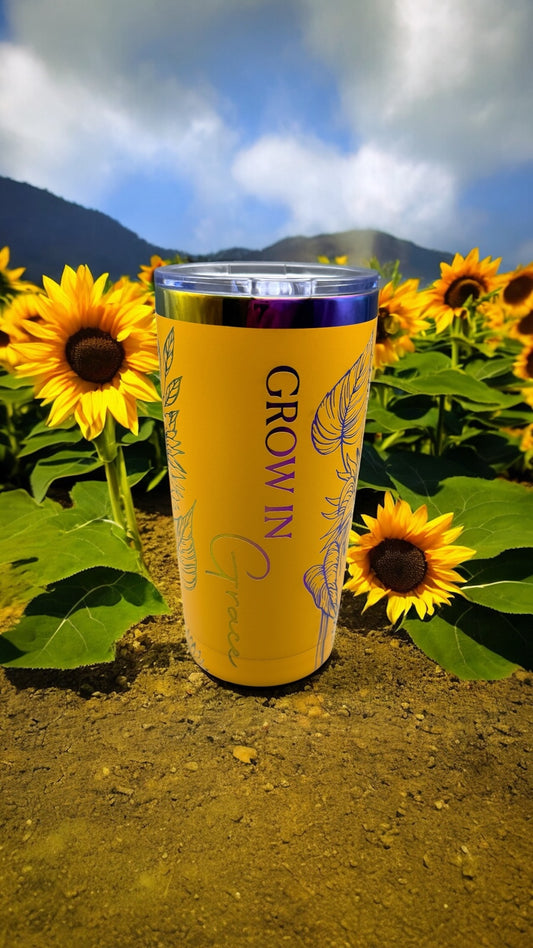 Grow in Grace - Sunflower 20oz Tumbler with Slider Lid (Yellow Rainbow Edition)
