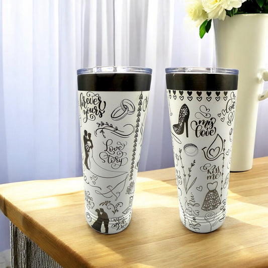 “Forever Yours” 22oz Skinny Wedding Tumbler – Romantic Line Art Design