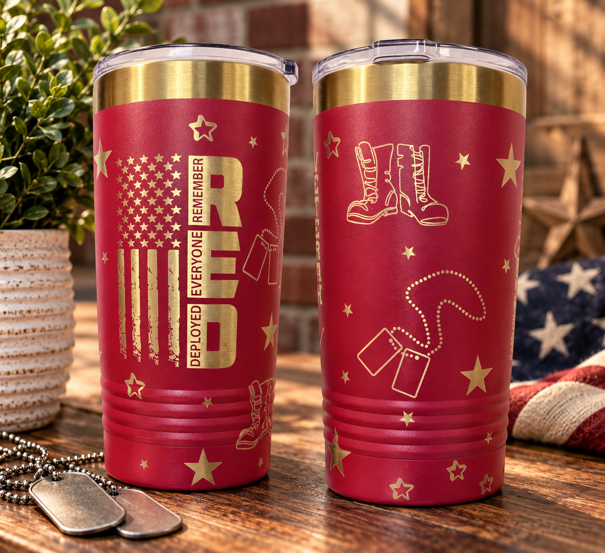 Veteran tribute tumbler with boots and dog tags engraving
