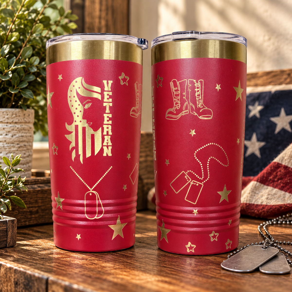 Female veteran silhouette engraved on red tumbler
