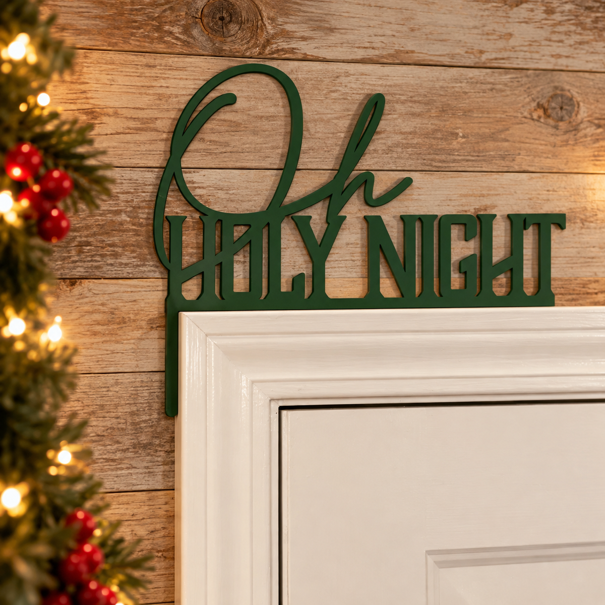 Oh Holy Night door corner decoration, green script
