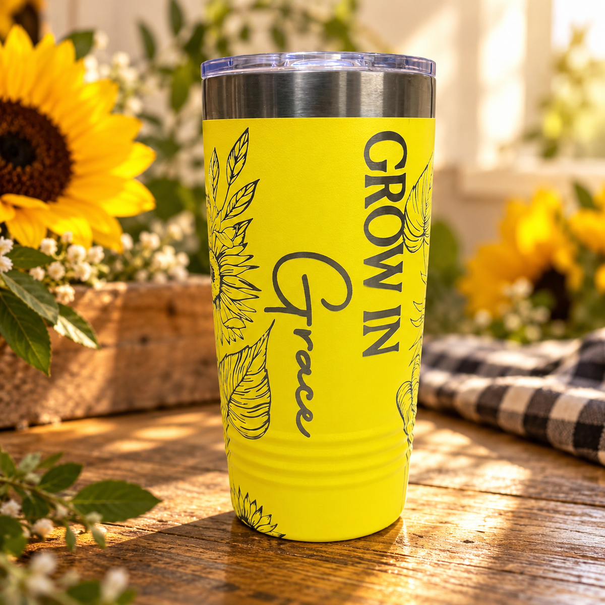 Grow in Grace sunflower engraved tumbler, yellow
