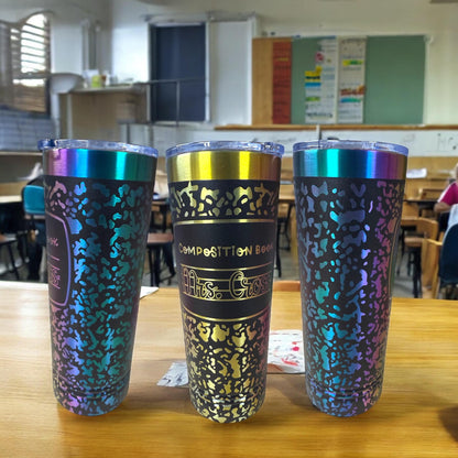 Cuaderno de composición con vaso grabado personalizado, estilo nostálgico, regalos para el regreso a clases, regalos de agradecimiento para maestros, nostálgicos de los años 90