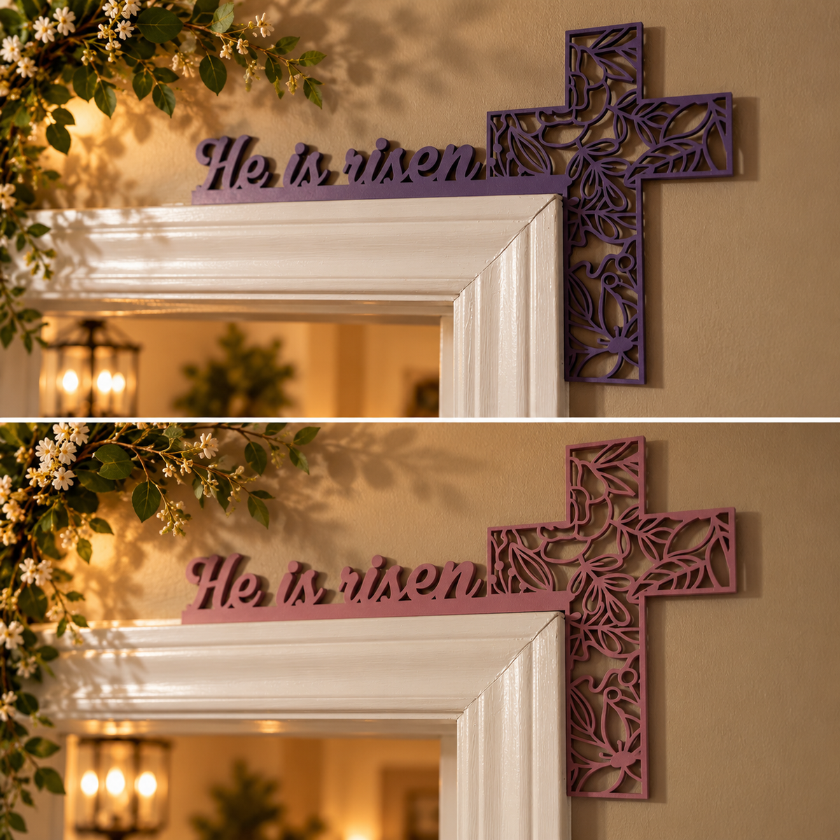 He is Risen Easter door trim accent, pink and purple 