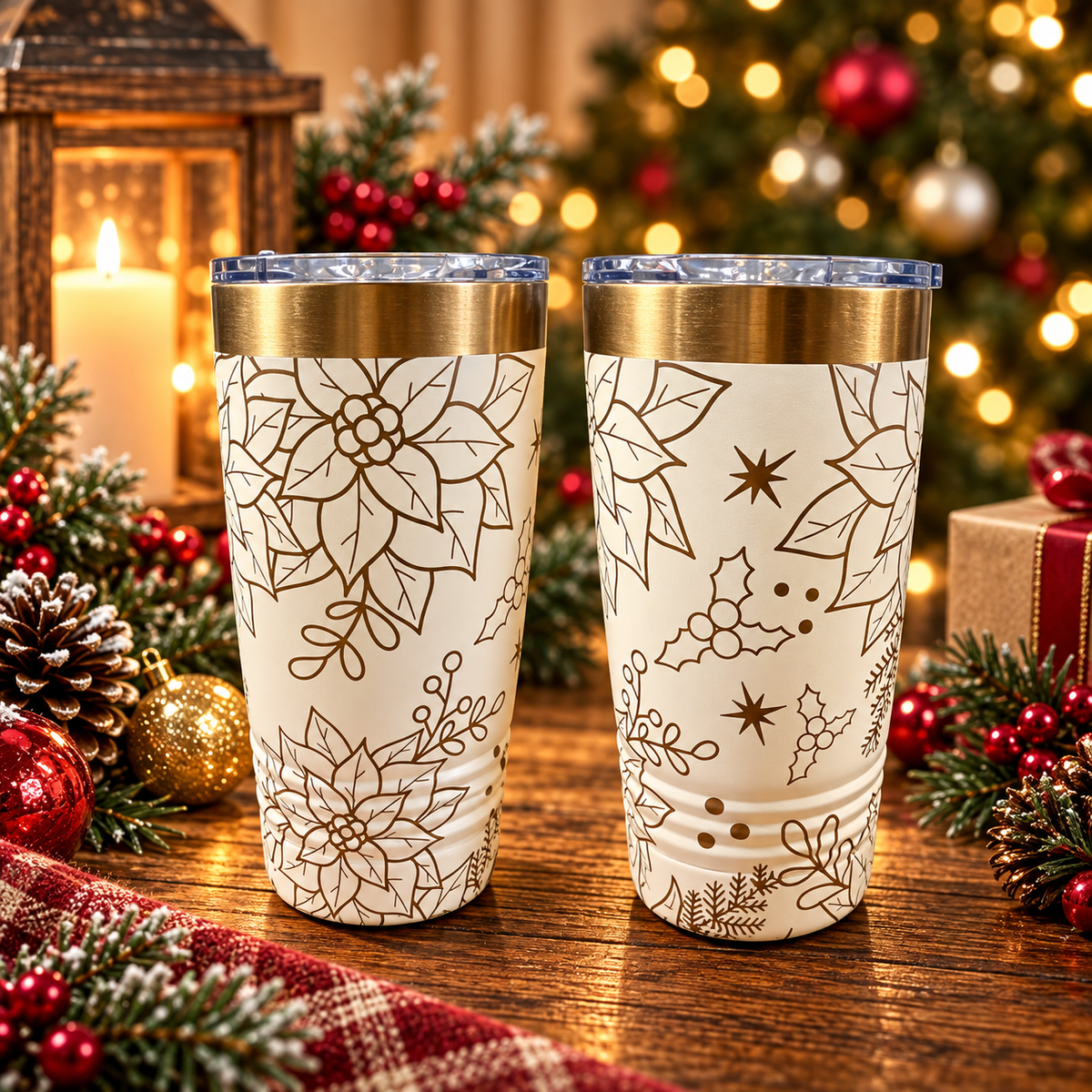 White engraved holiday tumbler with poinsettia design
