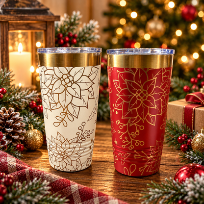 Red and gold engraved poinsettia tumbler
