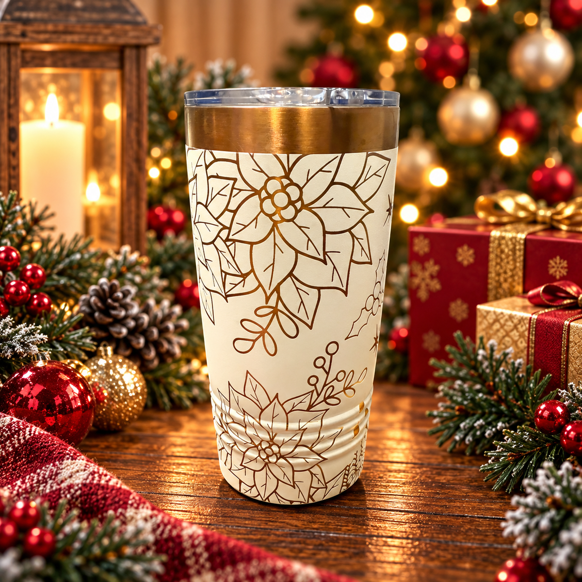 Poinsettia and holly engraved tumbler, copper finish
