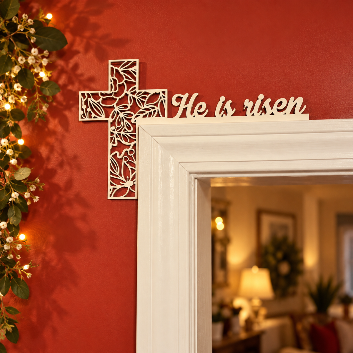 Door corner decoration hanging on white door trim

